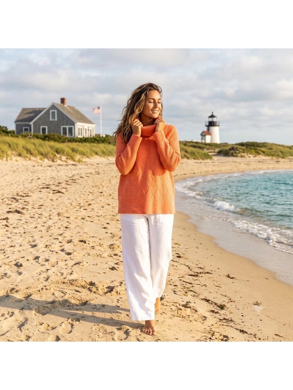 Talbots EUC Women's Orange Cable Knit Cowl Neck Pullover Sweater Size L